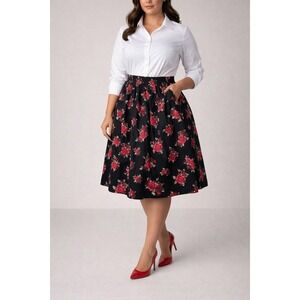 City‎ Chic Black Floral Skirt Red Rose Print Elastic Waist XXS US 12